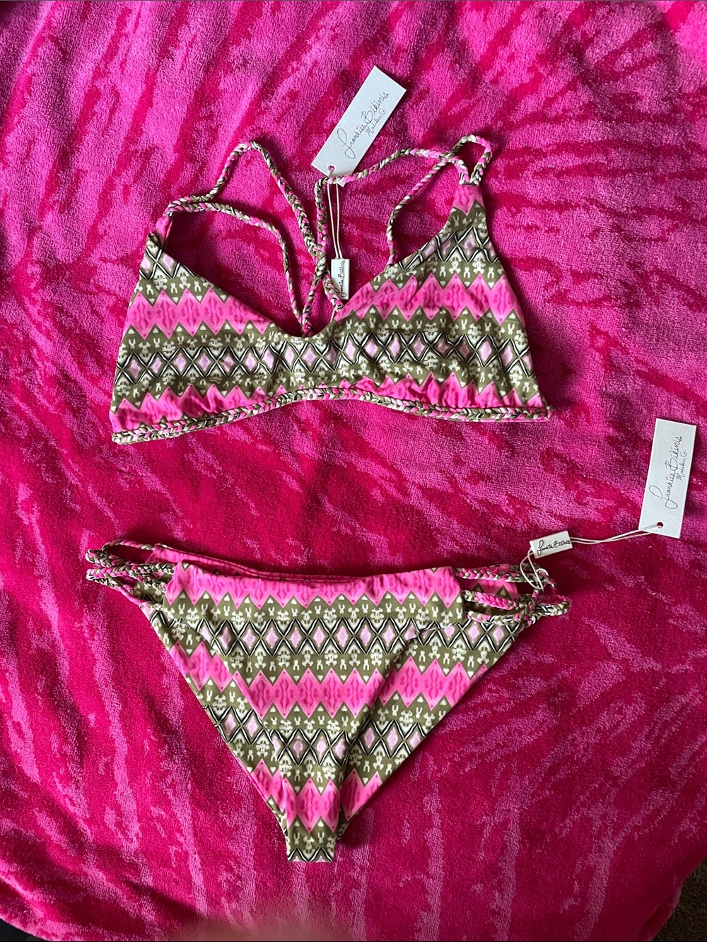 Frankie's Bikinis Pink and Olive Green Zigzag Print Bikini
